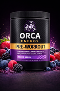 Orca Energy pre-workout supplement container with mixed berries on a dark background